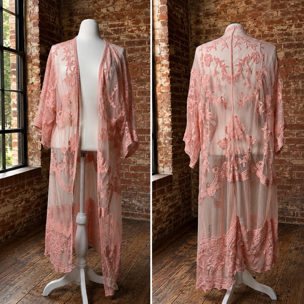 Pink Floral Lace Sheer Kimono Duster Long Cardigan Boho Festival Whimsy Coquette